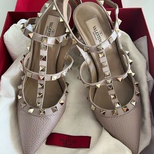 Valentino Rockstud Heels; pebble leather. Ankle strap